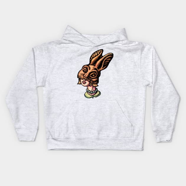 Woman Wearing Chocolate Rabbit Head Kids Hoodie by Lisa Haney